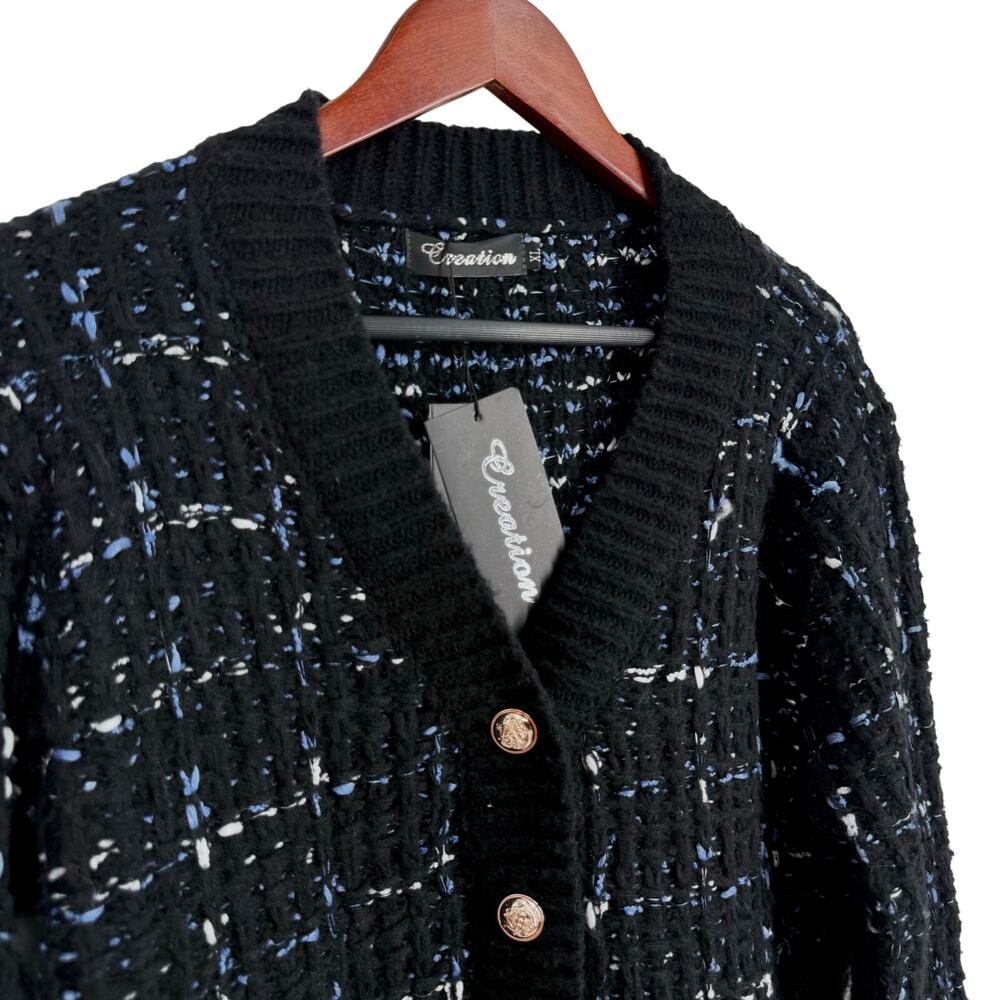 NEW NWT Creation Sz XL Navy Blue Tweed Fringe Cardigan Sweater Top Christmas - Picture 6 of 10
